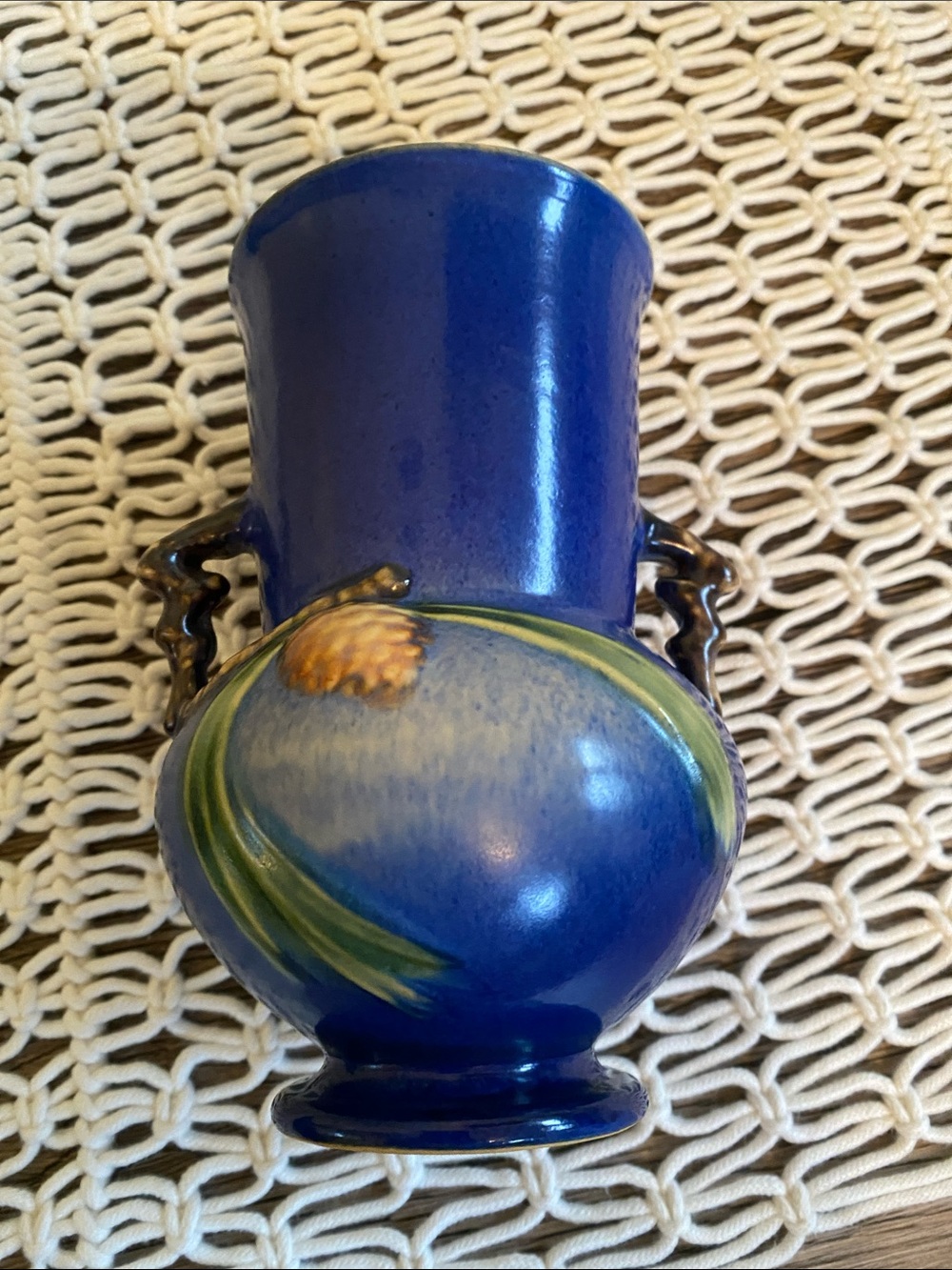 Vintage Blue Roseville Vase with Pinecone Accents 839-6 - Picture 8 of 16